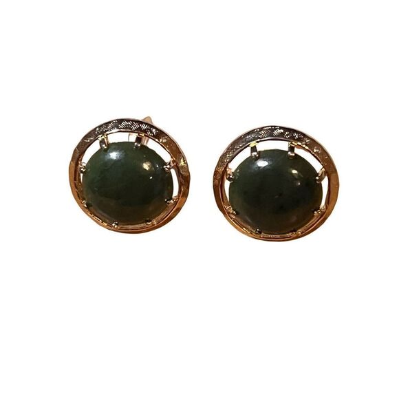 Mid-Century Gold & Green Stone Jade Cuff Links Men’s Accessories - Picture 5 of 6